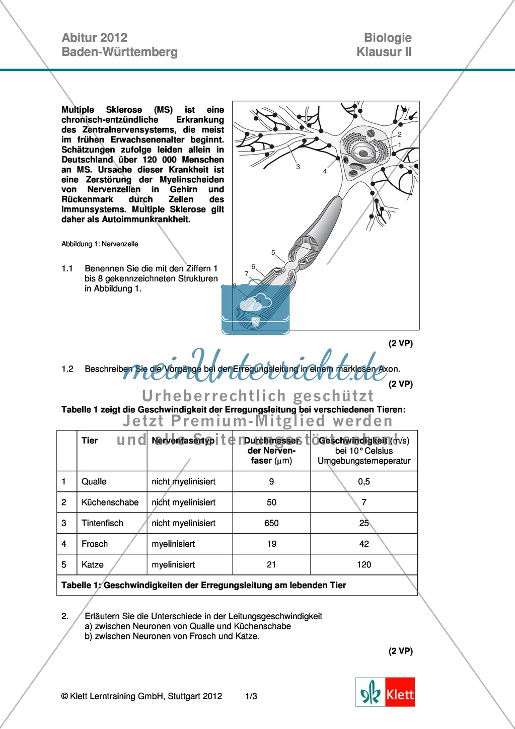 Abituraufgaben Baden-Württemberg 2012-II:Erläutern der Erregungsleitung mit deren Bedeutung am Beispiel von Multiple Sklerose.Mit Arbeitsmaterial und Lösungen. Preview 1
