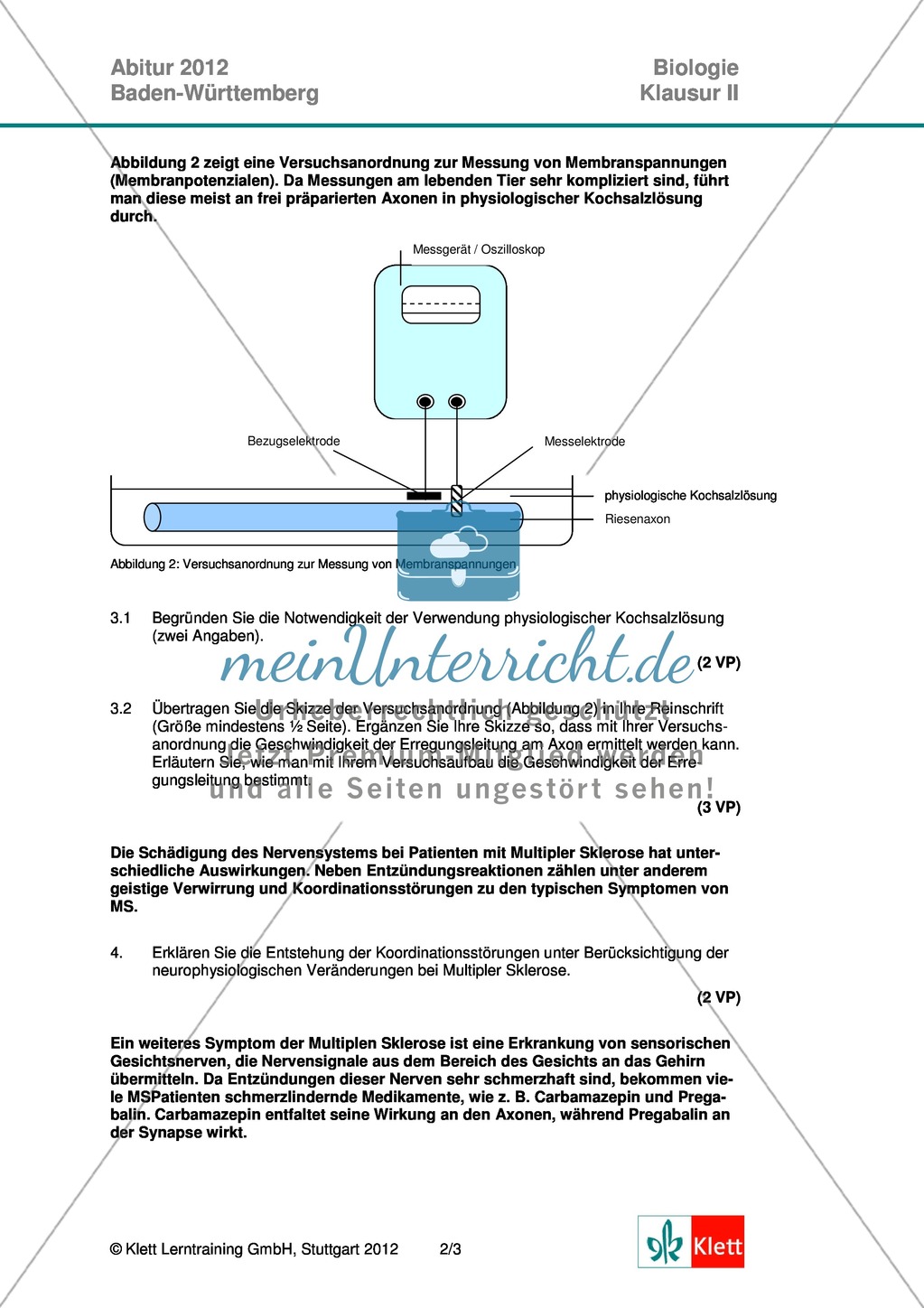 Abituraufgaben Baden-Württemberg 2012-II:Erläutern der Erregungsleitung mit deren Bedeutung am Beispiel von Multiple Sklerose.Mit Arbeitsmaterial und Lösungen. Preview 2