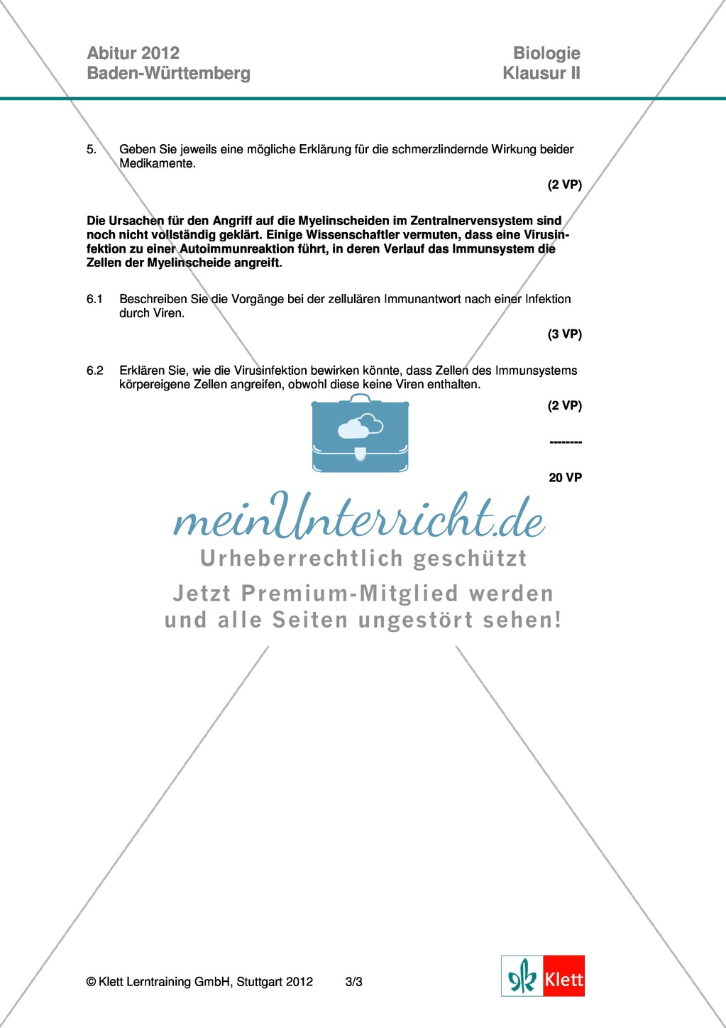Abituraufgaben Baden-Württemberg 2012-II:Erläutern der Erregungsleitung mit deren Bedeutung am Beispiel von Multiple Sklerose.Mit Arbeitsmaterial und Lösungen. Preview 3