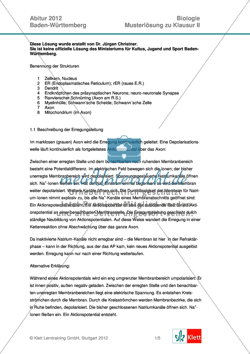 Abituraufgaben Baden-Württemberg 2012-II:Erläutern der Erregungsleitung mit deren Bedeutung am Beispiel von Multiple Sklerose.Mit Arbeitsmaterial und Lösungen. Preview 4