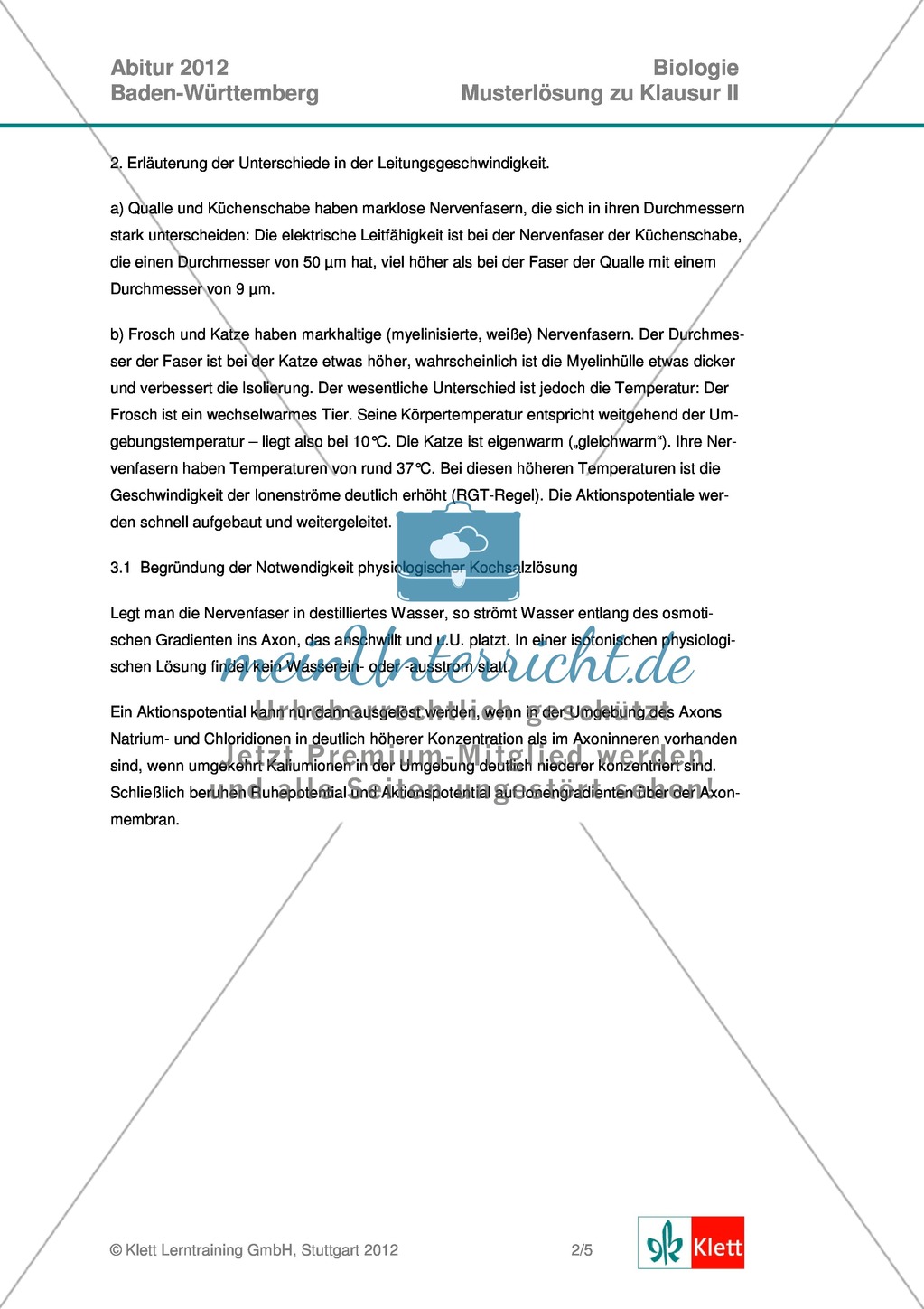 Abituraufgaben Baden-Württemberg 2012-II:Erläutern der Erregungsleitung mit deren Bedeutung am Beispiel von Multiple Sklerose.Mit Arbeitsmaterial und Lösungen. Preview 5