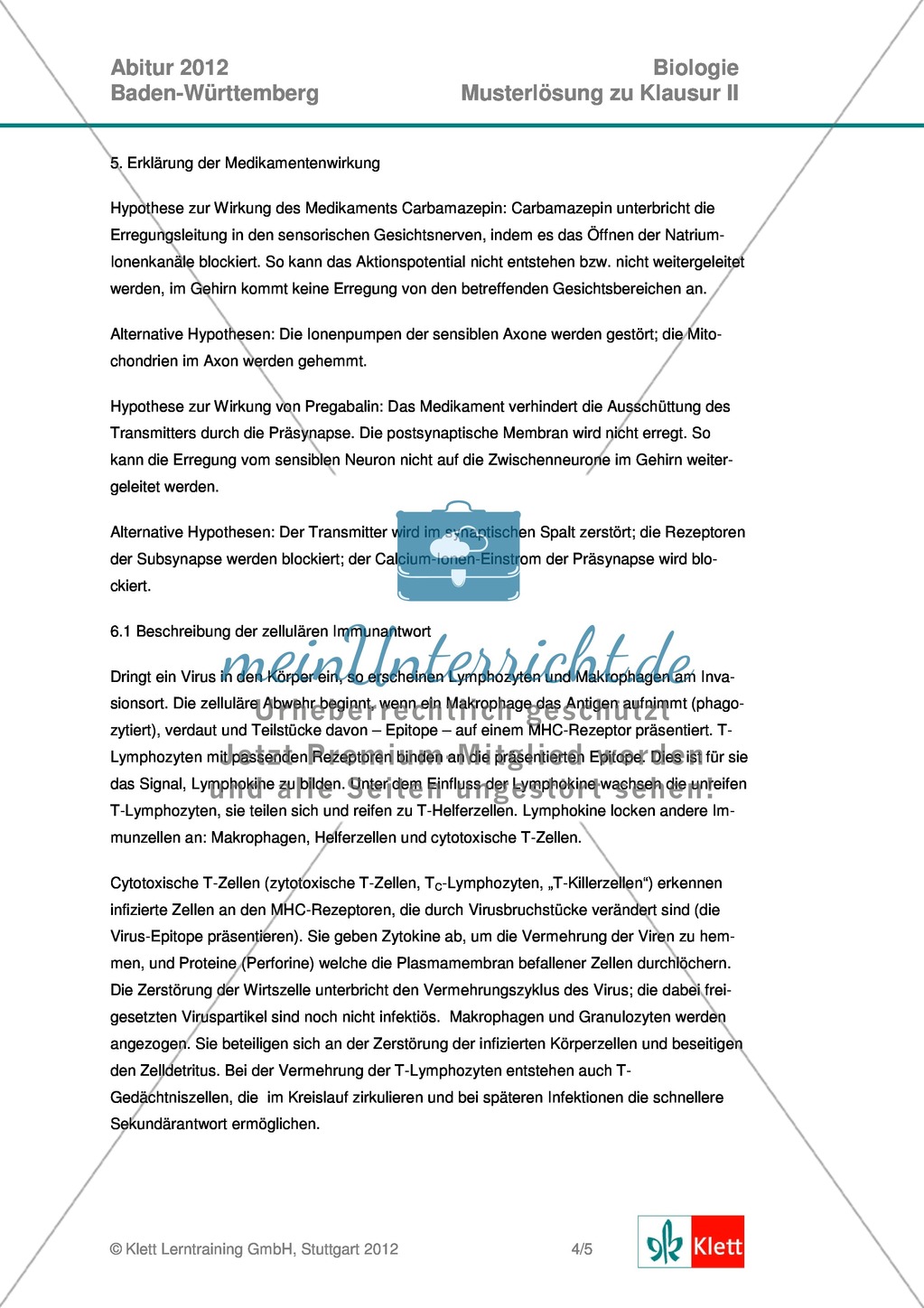 Abituraufgaben Baden-Württemberg 2012-II:Erläutern der Erregungsleitung mit deren Bedeutung am Beispiel von Multiple Sklerose.Mit Arbeitsmaterial und Lösungen. Preview 7