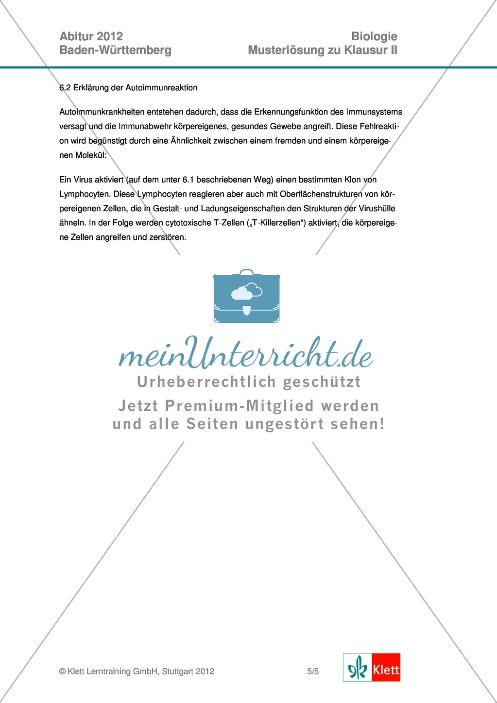 Abituraufgaben Baden-Württemberg 2012-II:Erläutern der Erregungsleitung mit deren Bedeutung am Beispiel von Multiple Sklerose.Mit Arbeitsmaterial und Lösungen. Preview 8