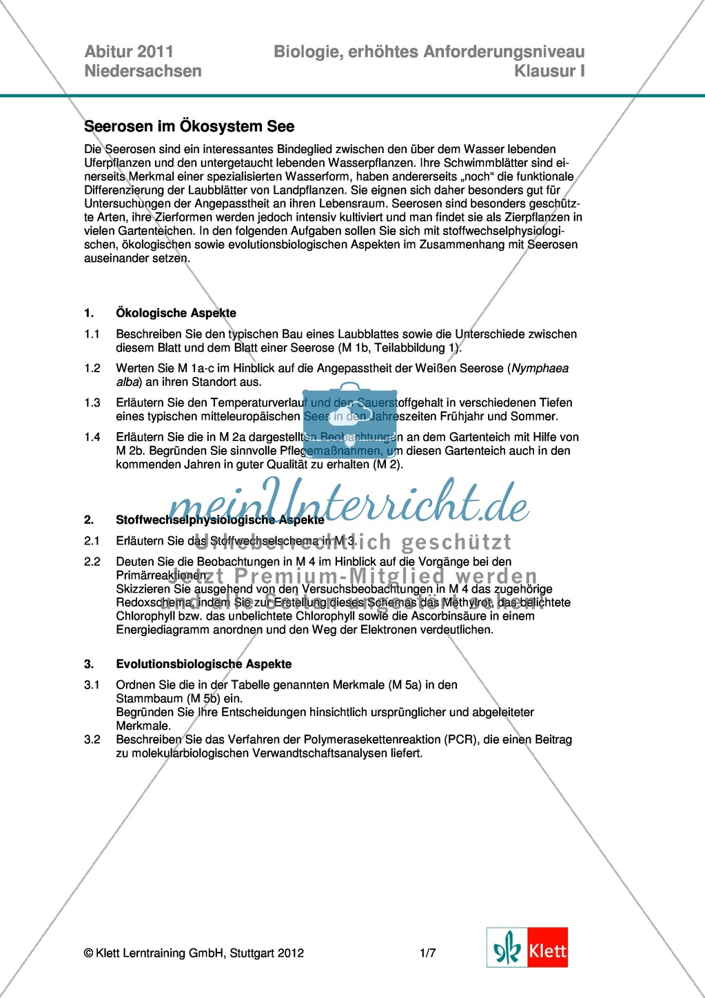 Abituraufgaben Niedersachsen eA-2011-I:Erschließen von ökologischen Aspekten der Seerose.Mit Arbeitsmaterial und Lösungen. Preview 1