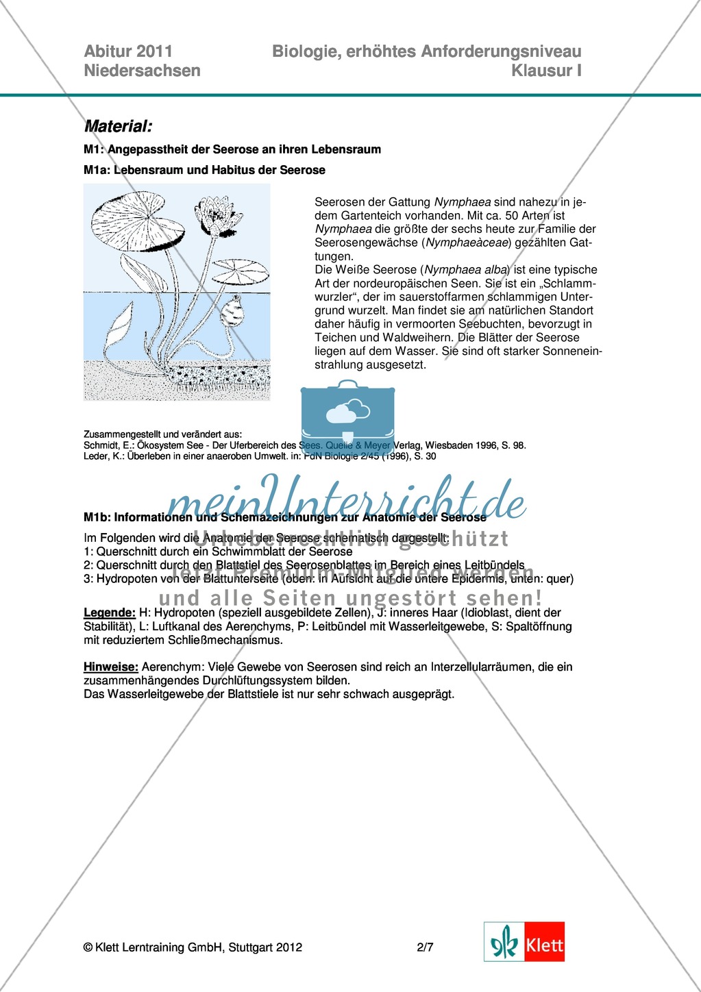 Abituraufgaben Niedersachsen eA-2011-I:Erschließen von ökologischen Aspekten der Seerose.Mit Arbeitsmaterial und Lösungen. Preview 2