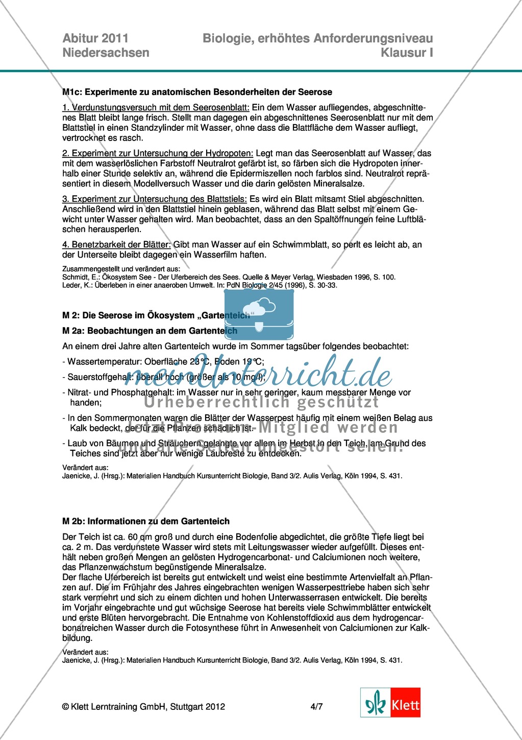 Abituraufgaben Niedersachsen eA-2011-I:Erschließen von ökologischen Aspekten der Seerose.Mit Arbeitsmaterial und Lösungen. Preview 4