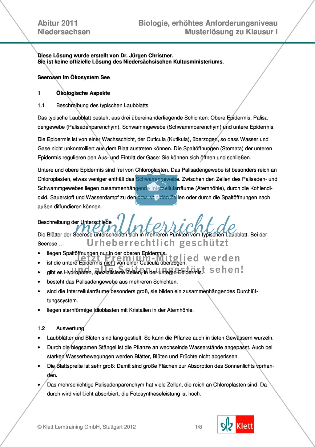 Abituraufgaben Niedersachsen eA-2011-I:Erschließen von ökologischen Aspekten der Seerose.Mit Arbeitsmaterial und Lösungen. Preview 5
