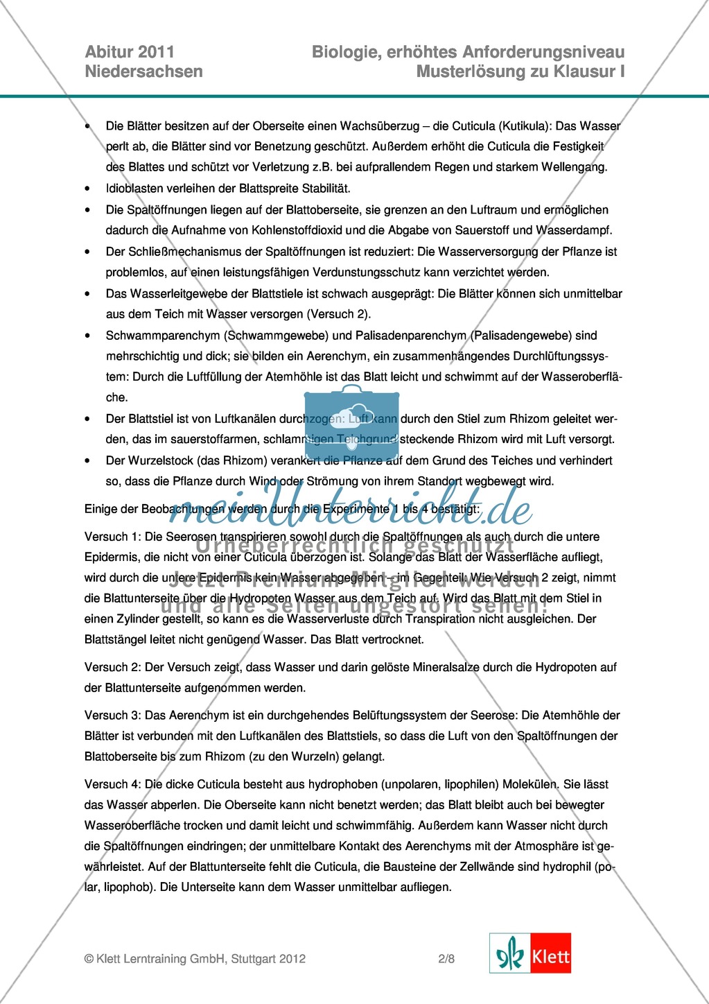 Abituraufgaben Niedersachsen eA-2011-I:Erschließen von ökologischen Aspekten der Seerose.Mit Arbeitsmaterial und Lösungen. Preview 6