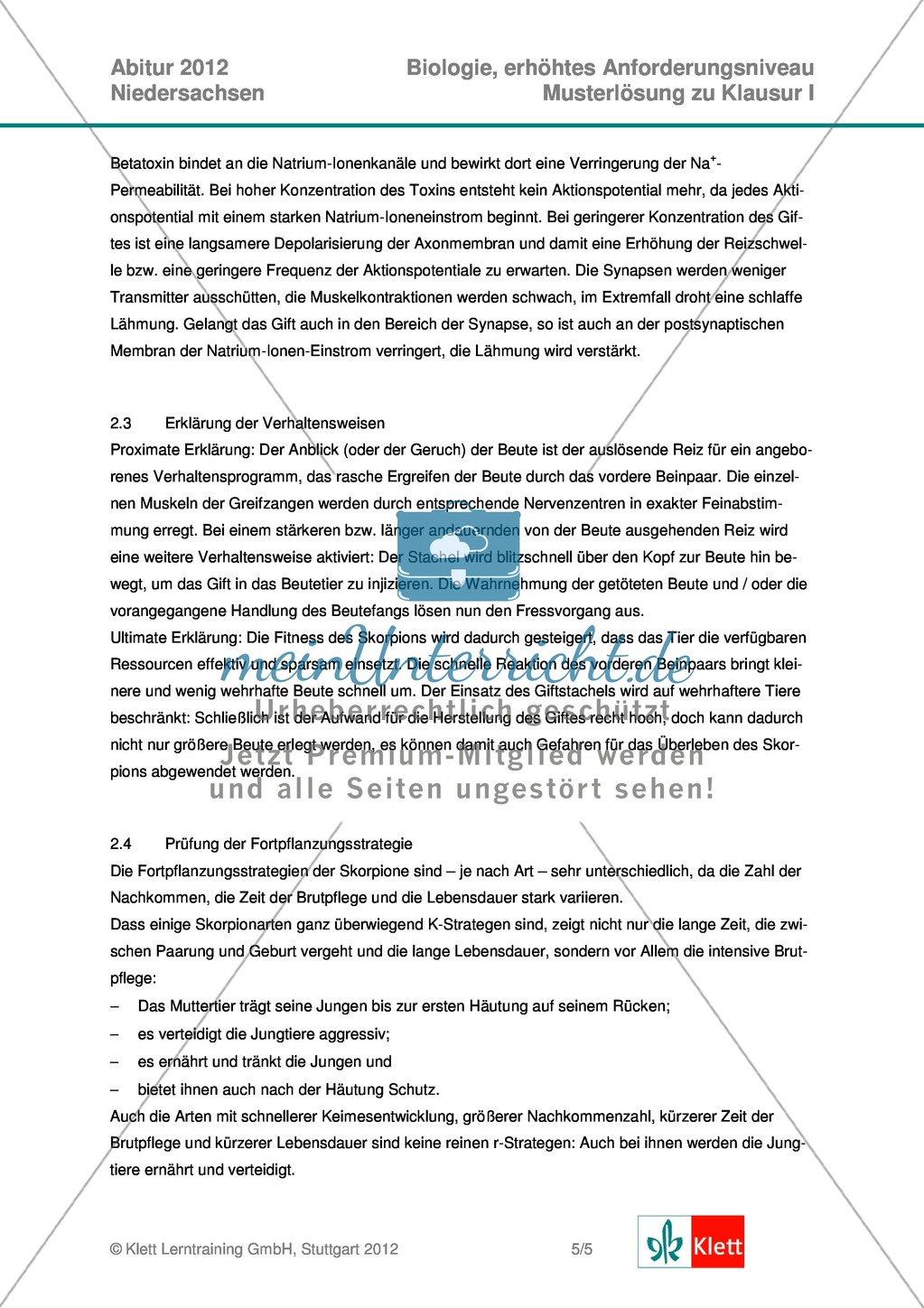 Abituraufgaben Niedersachsen 2012eA-I:Erschließen von stoffwechselbiologischen, evolutionsbiologischen, ökologischen und neurobiologischen Aspekten ausgewählter Wüstenorganismen.Mit Arbeitsmaterial und Lösungen. Preview 11