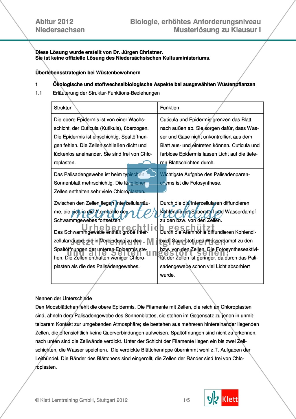 Abituraufgaben Niedersachsen 2012eA-I:Erschließen von stoffwechselbiologischen, evolutionsbiologischen, ökologischen und neurobiologischen Aspekten ausgewählter Wüstenorganismen.Mit Arbeitsmaterial und Lösungen. Preview 7
