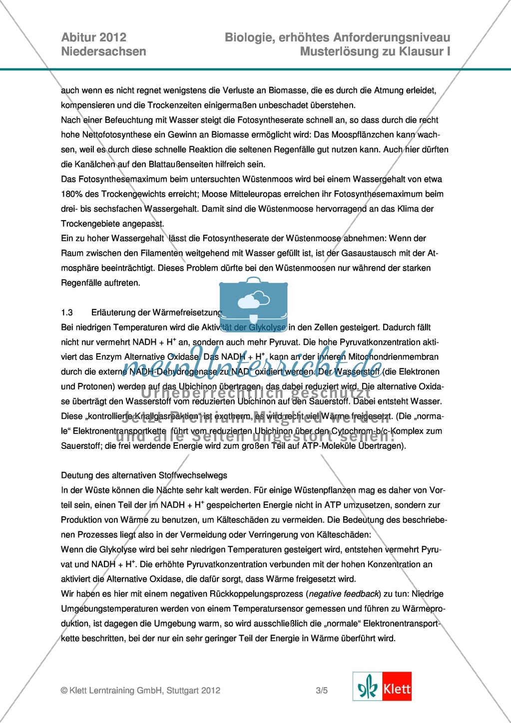 Abituraufgaben Niedersachsen 2012eA-I:Erschließen von stoffwechselbiologischen, evolutionsbiologischen, ökologischen und neurobiologischen Aspekten ausgewählter Wüstenorganismen.Mit Arbeitsmaterial und Lösungen. Preview 9