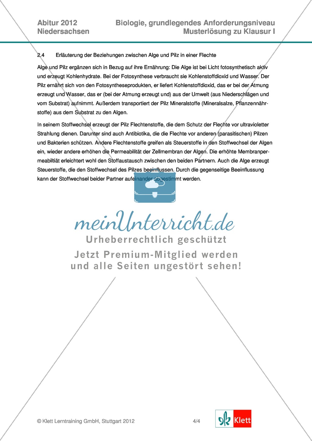 Abituraufgaben Niedersachsen 2012 gA-I: Erschließen der Bedeutung von Pilzen und Flechten im Ökosystem. Mit Arbeitsmaterial und Lösungen. Preview 10