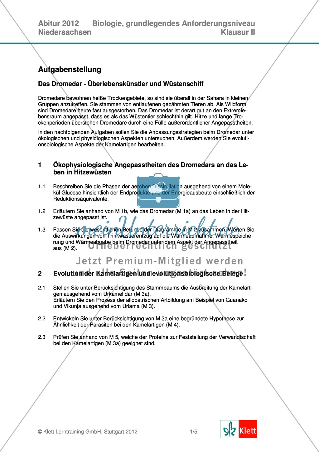 Abituraufgaben Niedersachsen 2012gA-II:Erschließen ökologischer und physiologischer Apekte des Dromedars und evolutionsbiologischer Aspekte der Kamelartigen.Mit Arbeitsmaterial und Lösungen. Preview 1