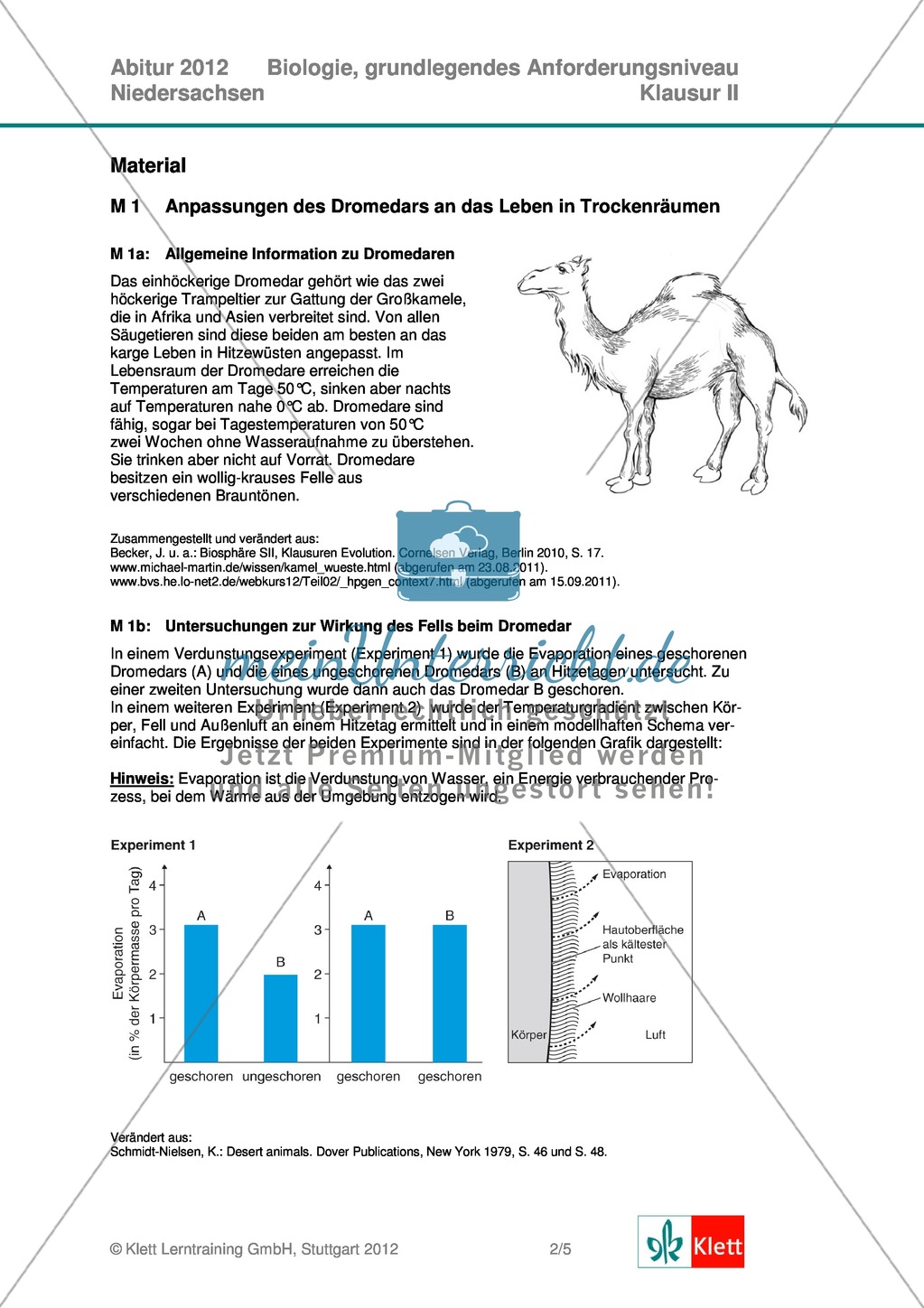 Abituraufgaben Niedersachsen 2012gA-II:Erschließen ökologischer und physiologischer Apekte des Dromedars und evolutionsbiologischer Aspekte der Kamelartigen.Mit Arbeitsmaterial und Lösungen. Preview 2