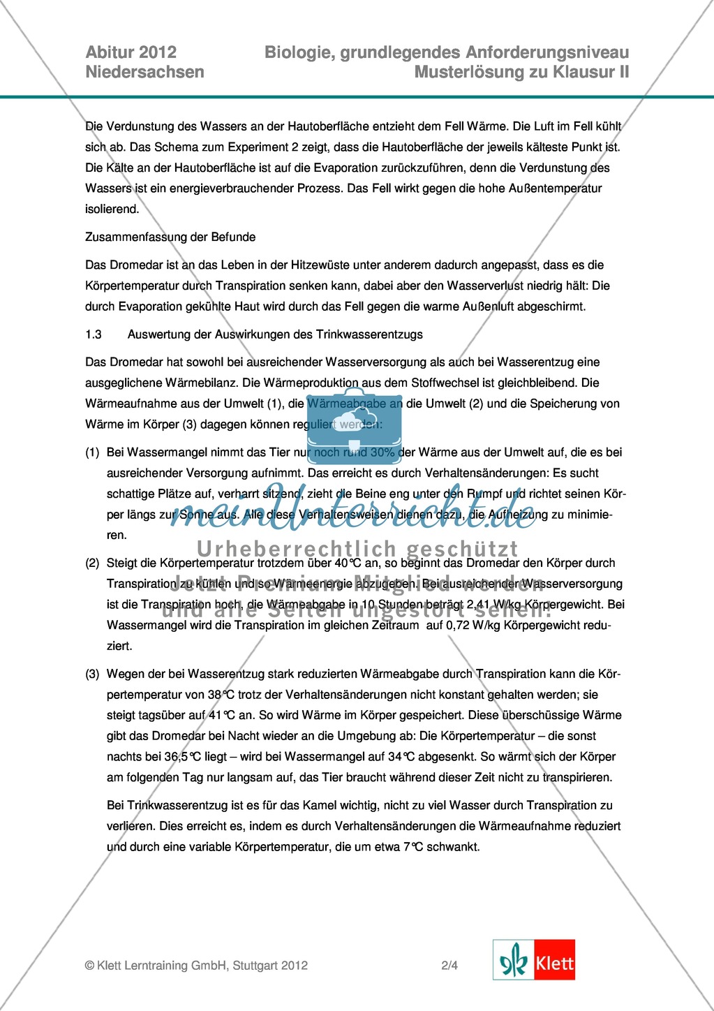 Abituraufgaben Niedersachsen 2012gA-II:Erschließen ökologischer und physiologischer Apekte des Dromedars und evolutionsbiologischer Aspekte der Kamelartigen.Mit Arbeitsmaterial und Lösungen. Preview 7