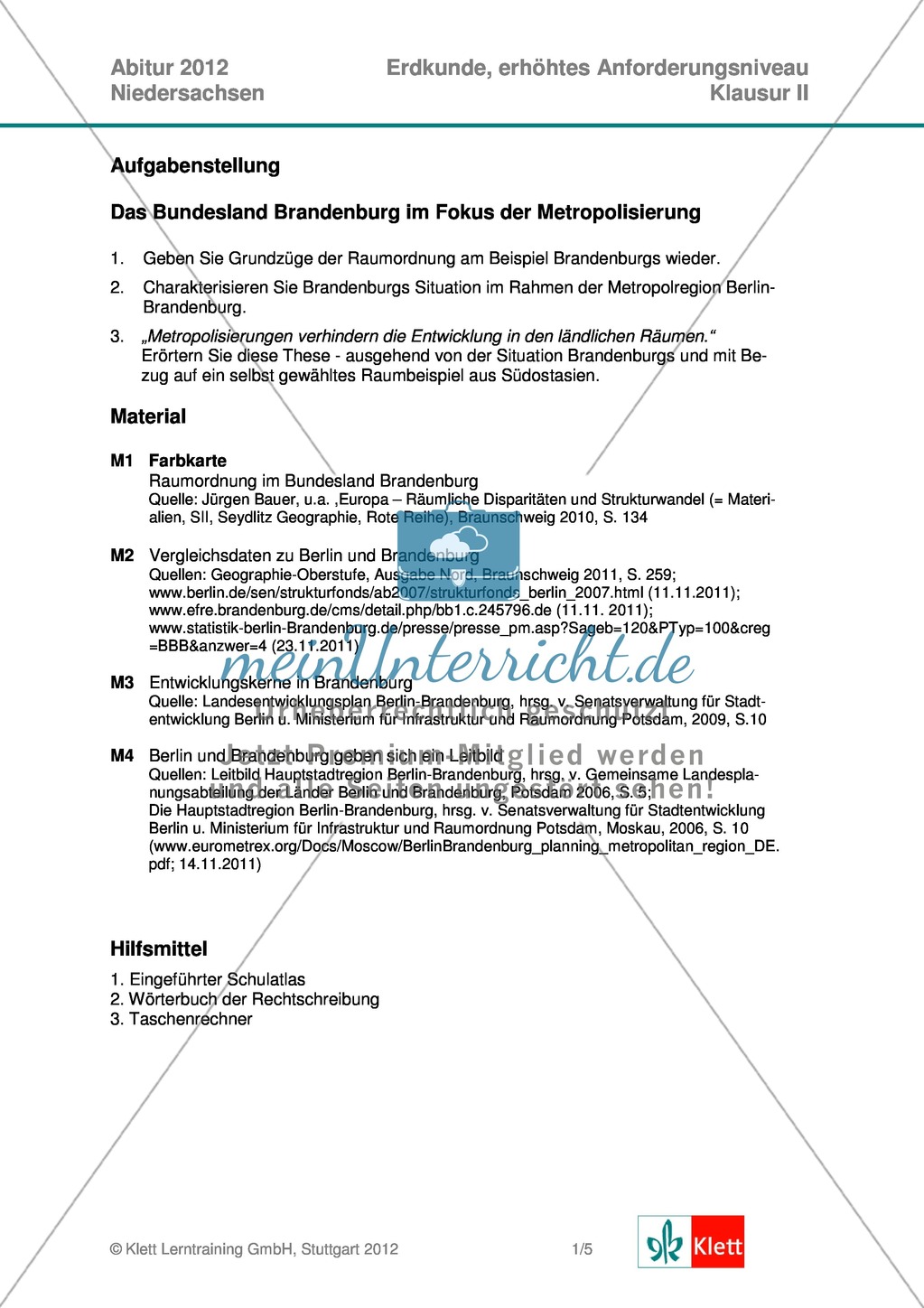 Abituraufgaben Niedersachsen 2012: Aufgaben und deren Musterlösungen zum Thema Das Bundesland Brandenburg im Fokus der Metropolisierung Preview 1