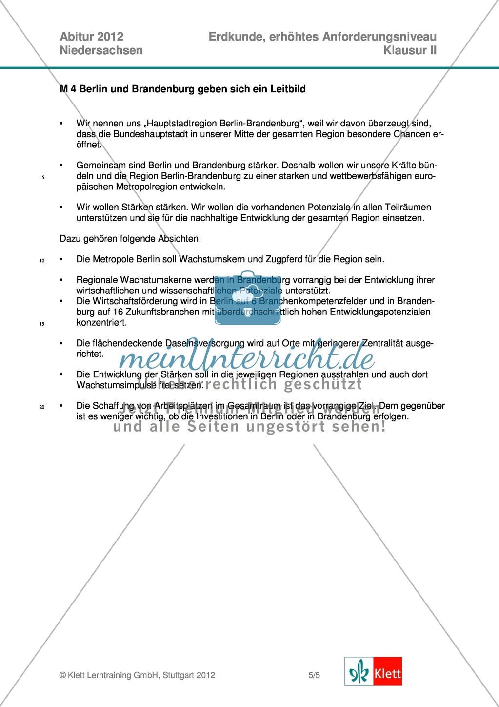 Abituraufgaben Niedersachsen 2012: Aufgaben und deren Musterlösungen zum Thema Das Bundesland Brandenburg im Fokus der Metropolisierung Preview 5