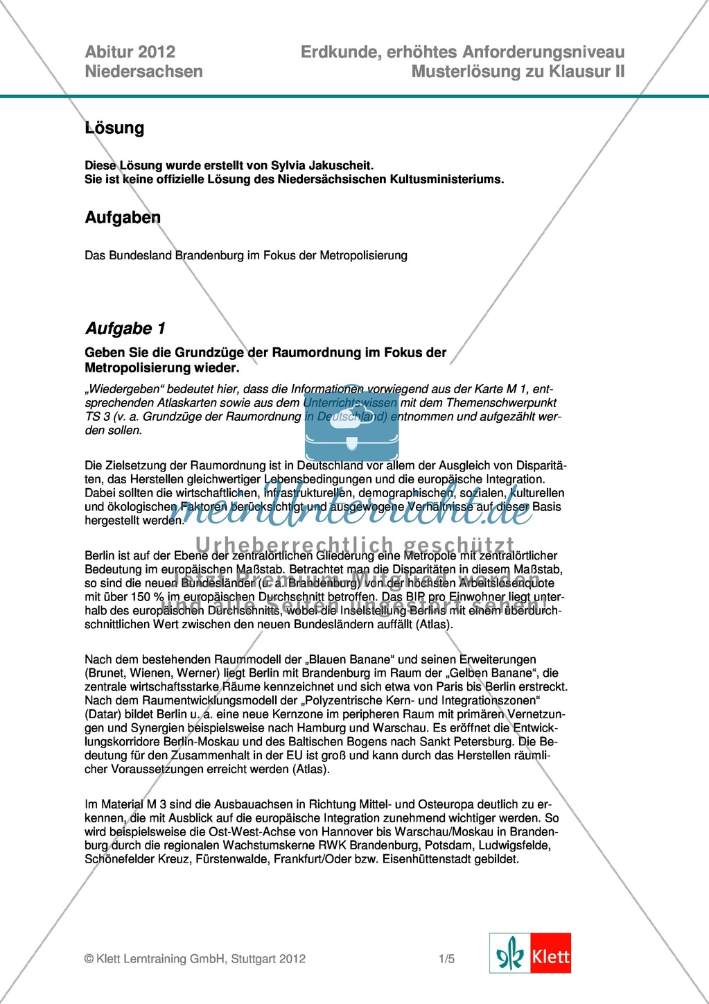 Abituraufgaben Niedersachsen 2012: Aufgaben und deren Musterlösungen zum Thema Das Bundesland Brandenburg im Fokus der Metropolisierung Preview 6