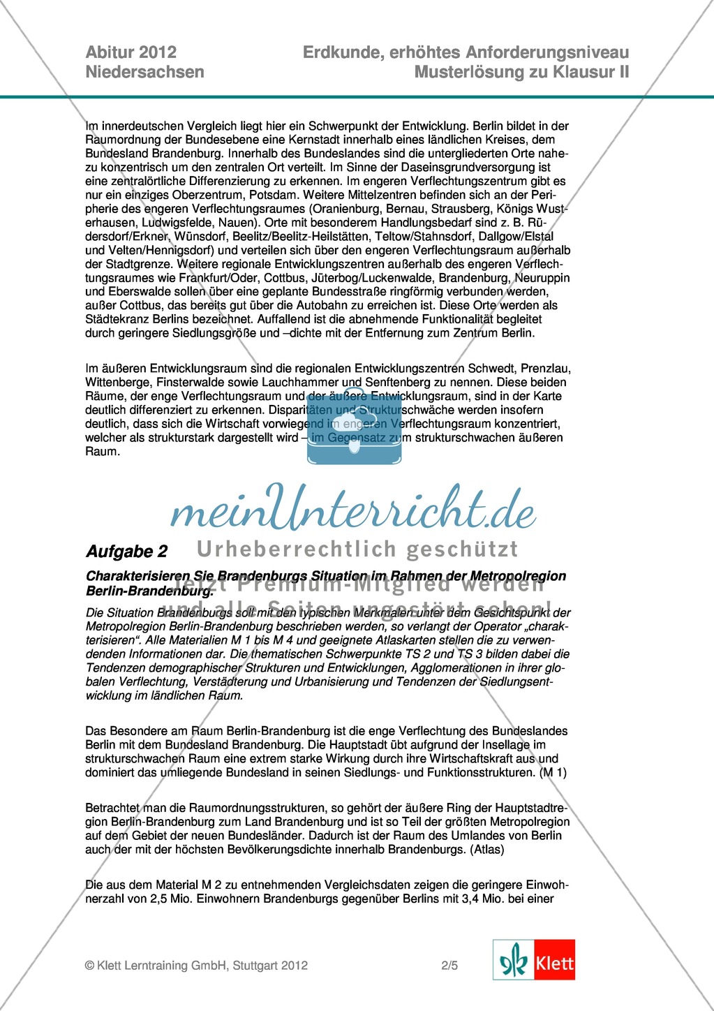Abituraufgaben Niedersachsen 2012: Aufgaben und deren Musterlösungen zum Thema Das Bundesland Brandenburg im Fokus der Metropolisierung Preview 7