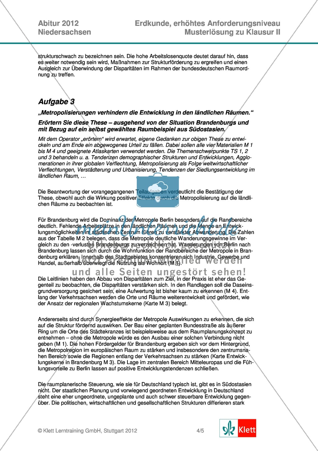 Abituraufgaben Niedersachsen 2012: Aufgaben und deren Musterlösungen zum Thema Das Bundesland Brandenburg im Fokus der Metropolisierung Preview 9