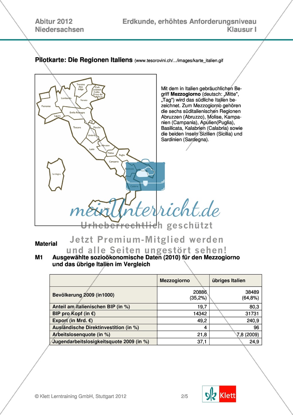 Abituraufgaben Niedersachsen 2012 - Geographieaufgaben und deren Musterlösungen zum Thema: Räumliche Disparitäten in Italien und Südostasien. Preview 2
