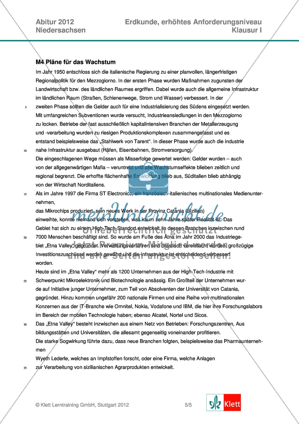 Abituraufgaben Niedersachsen 2012 - Geographieaufgaben und deren Musterlösungen zum Thema: Räumliche Disparitäten in Italien und Südostasien. Preview 5