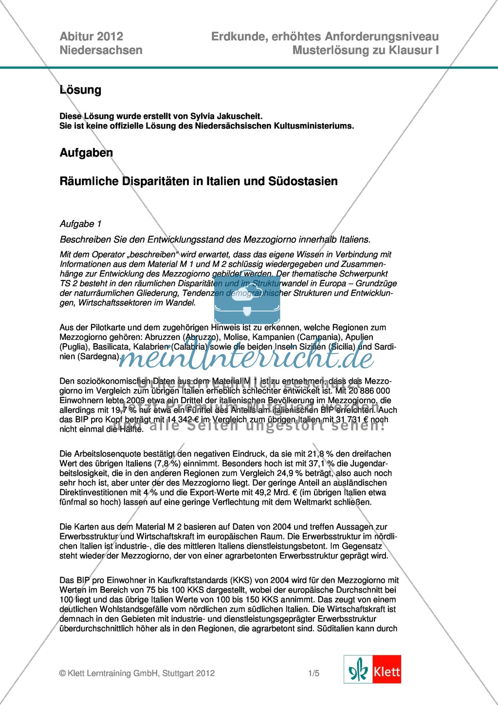 Abituraufgaben Niedersachsen 2012 - Geographieaufgaben und deren Musterlösungen zum Thema: Räumliche Disparitäten in Italien und Südostasien. Preview 6