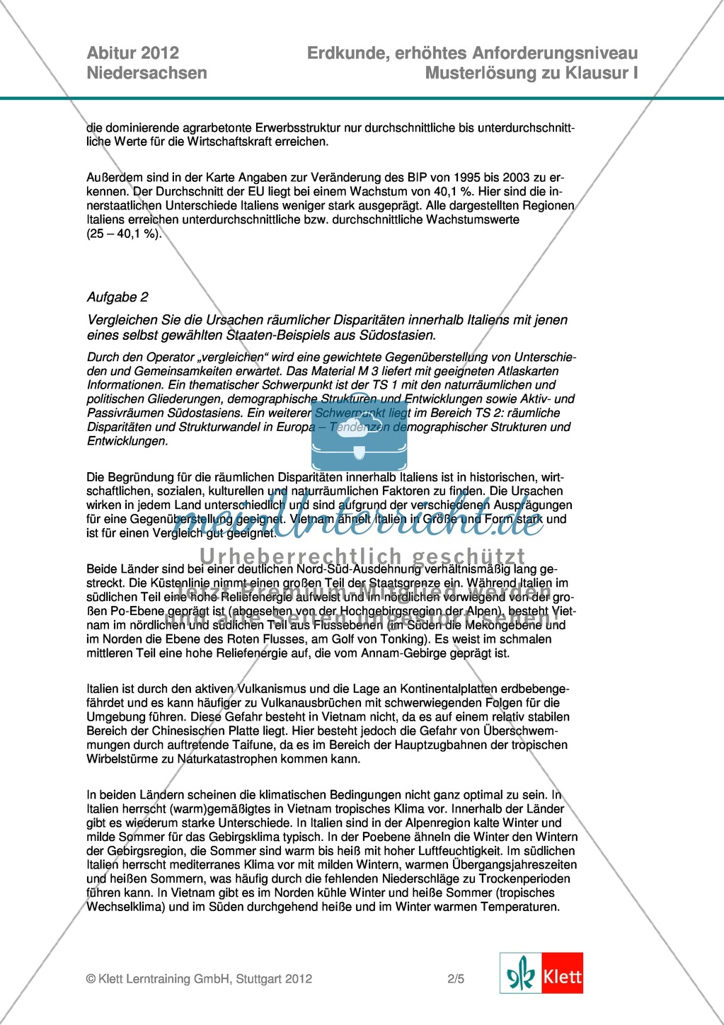 Abituraufgaben Niedersachsen 2012 - Geographieaufgaben und deren Musterlösungen zum Thema: Räumliche Disparitäten in Italien und Südostasien. Preview 7