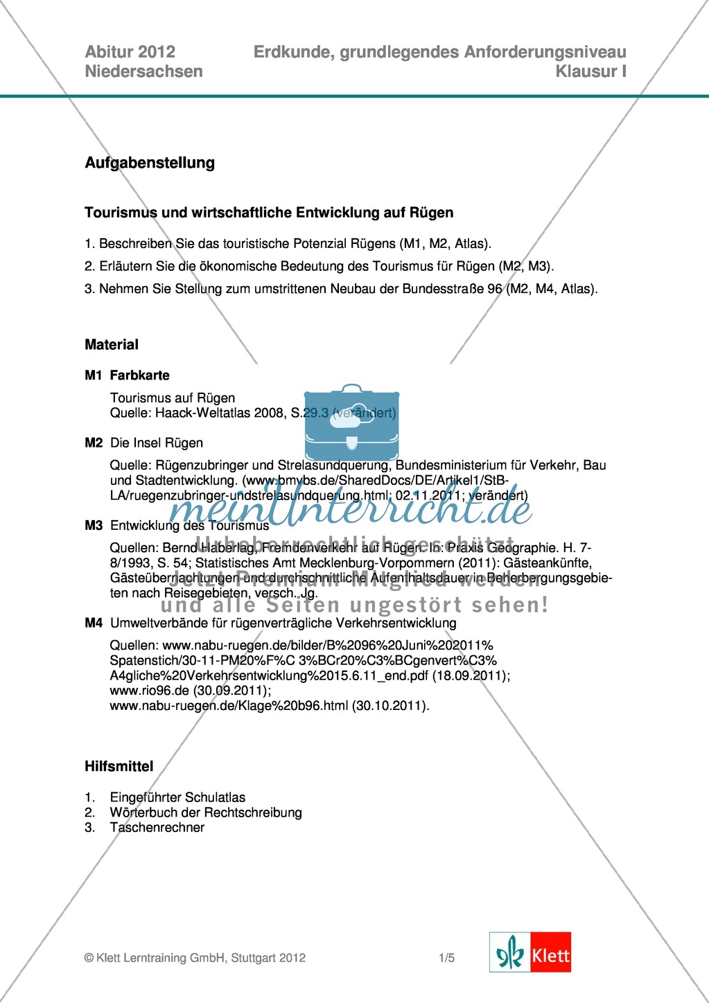 Abituraufgaben Niedersachsen 2012: Aufgaben und deren Musterlösungen zum Thema Tourismus und wirtschaftliche Entwicklung auf Rügen Preview 1