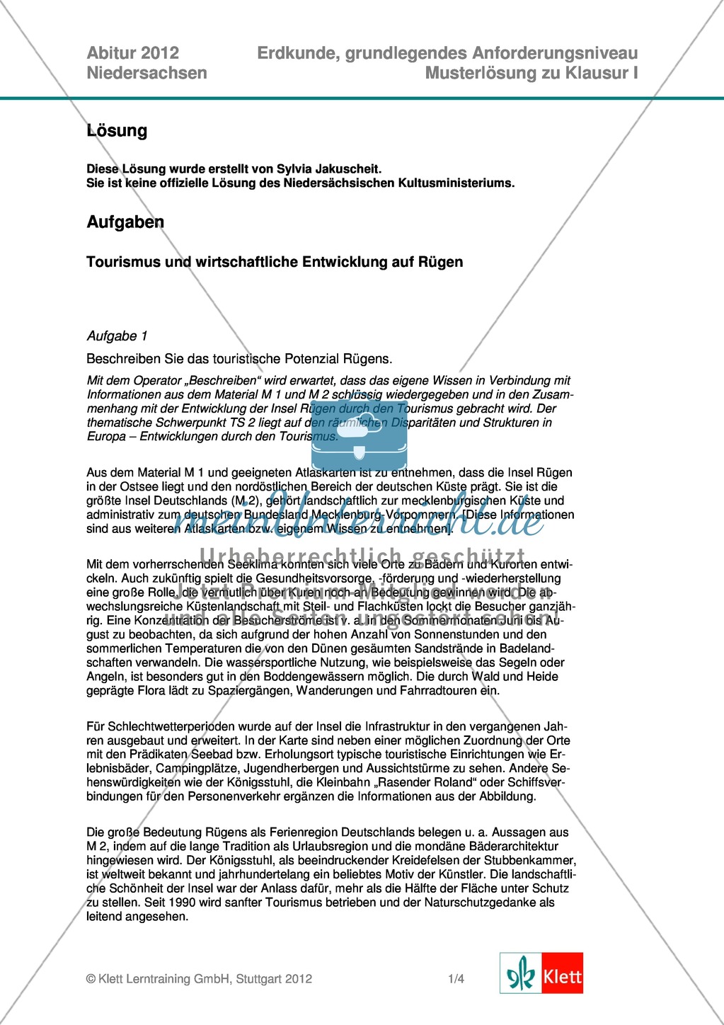 Abituraufgaben Niedersachsen 2012: Aufgaben und deren Musterlösungen zum Thema Tourismus und wirtschaftliche Entwicklung auf Rügen Preview 6