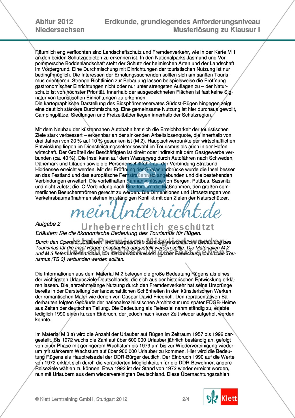 Abituraufgaben Niedersachsen 2012: Aufgaben und deren Musterlösungen zum Thema Tourismus und wirtschaftliche Entwicklung auf Rügen Preview 7