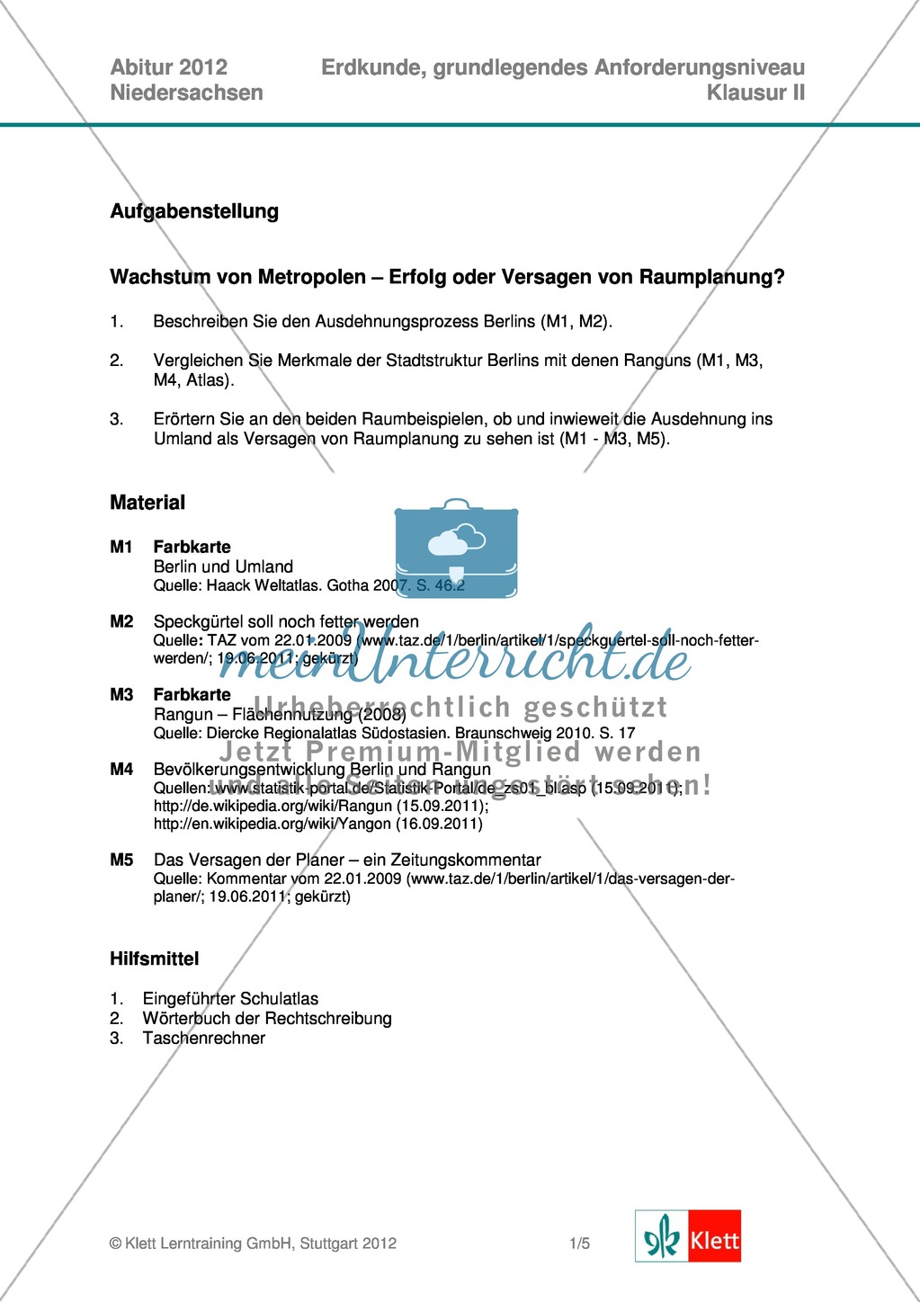 Abituraufgaben Niedersachsen 2012: Aufgaben und deren Musterlösungen zum Thema Wachstum von Metropolen - Erfolg oder Versagen von Raumplanung? Preview 1