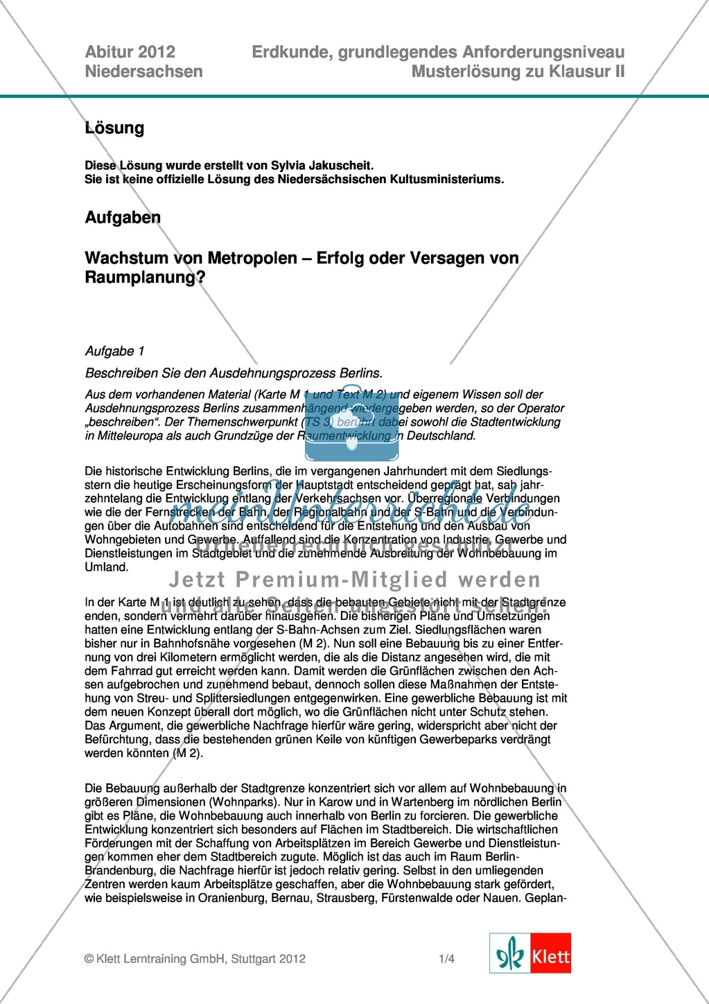Abituraufgaben Niedersachsen 2012: Aufgaben und deren Musterlösungen zum Thema Wachstum von Metropolen - Erfolg oder Versagen von Raumplanung? Preview 6