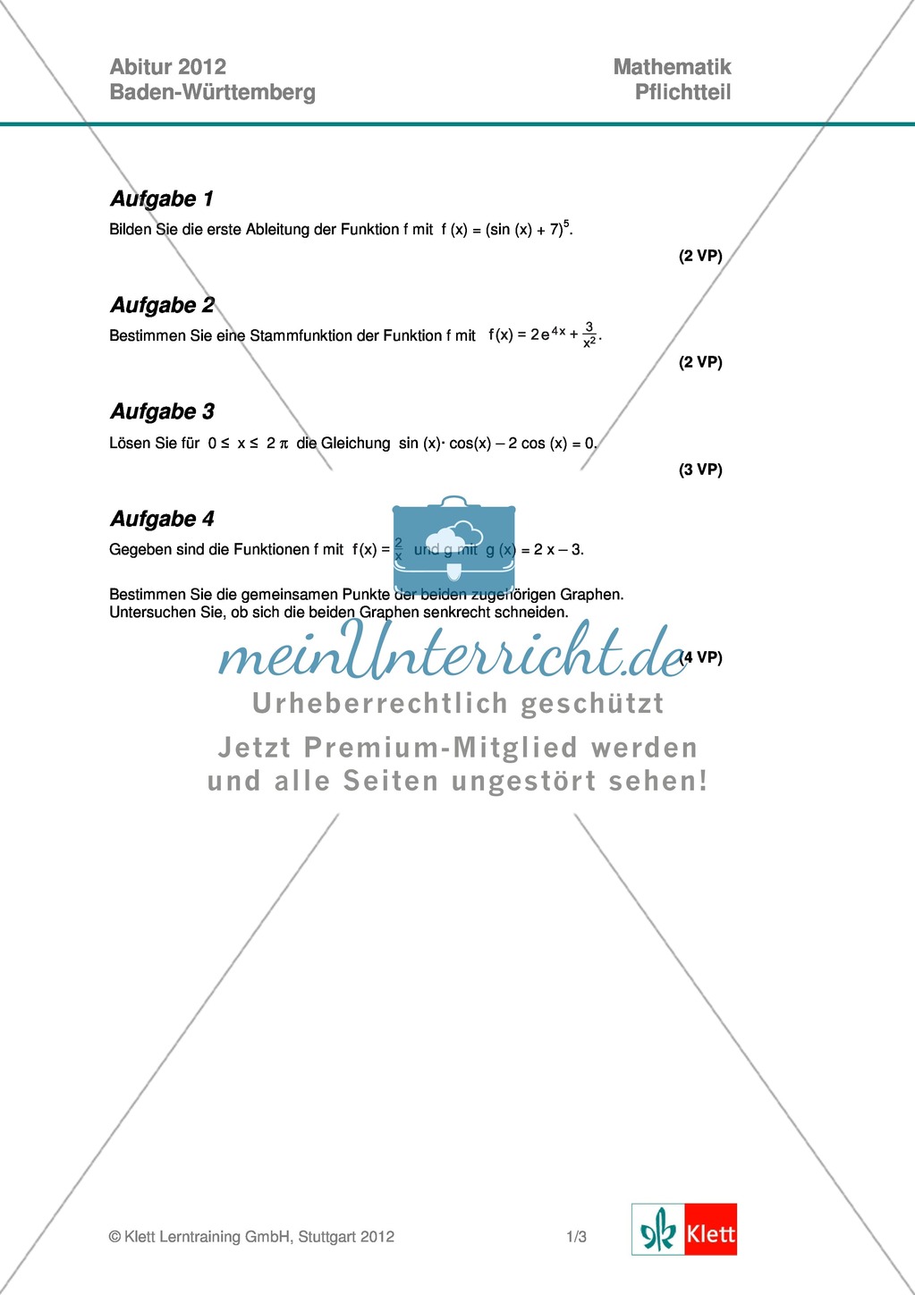 Abituraufgaben Baden-Württemberg 2012 - Mathematik Pflichtteil - 8 Aufgaben und deren Musterlösungen zu den Themen Analysis und Analytische Geometrie Preview 1