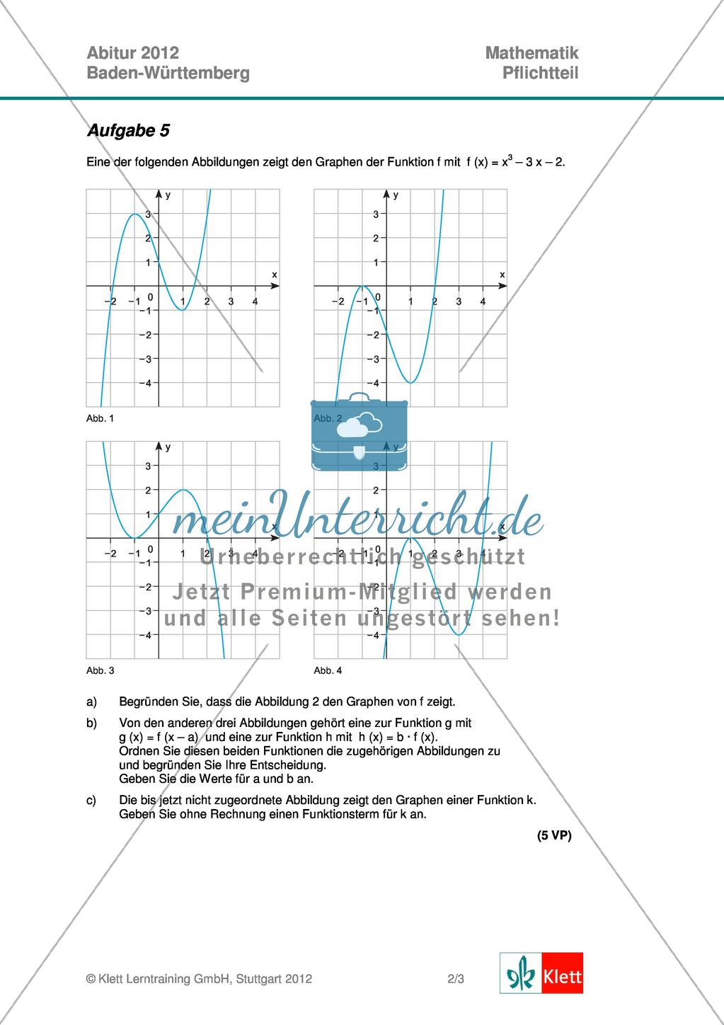Abituraufgaben Baden-Württemberg 2012 - Mathematik Pflichtteil - 8 Aufgaben und deren Musterlösungen zu den Themen Analysis und Analytische Geometrie Preview 2