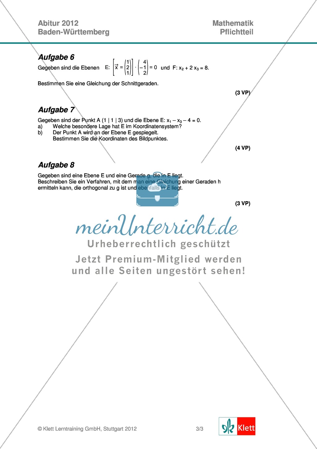 Abituraufgaben Baden-Württemberg 2012 - Mathematik Pflichtteil - 8 Aufgaben und deren Musterlösungen zu den Themen Analysis und Analytische Geometrie Preview 3