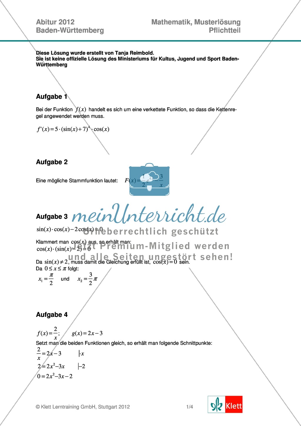 Abituraufgaben Baden-Württemberg 2012 - Mathematik Pflichtteil - 8 Aufgaben und deren Musterlösungen zu den Themen Analysis und Analytische Geometrie Preview 4