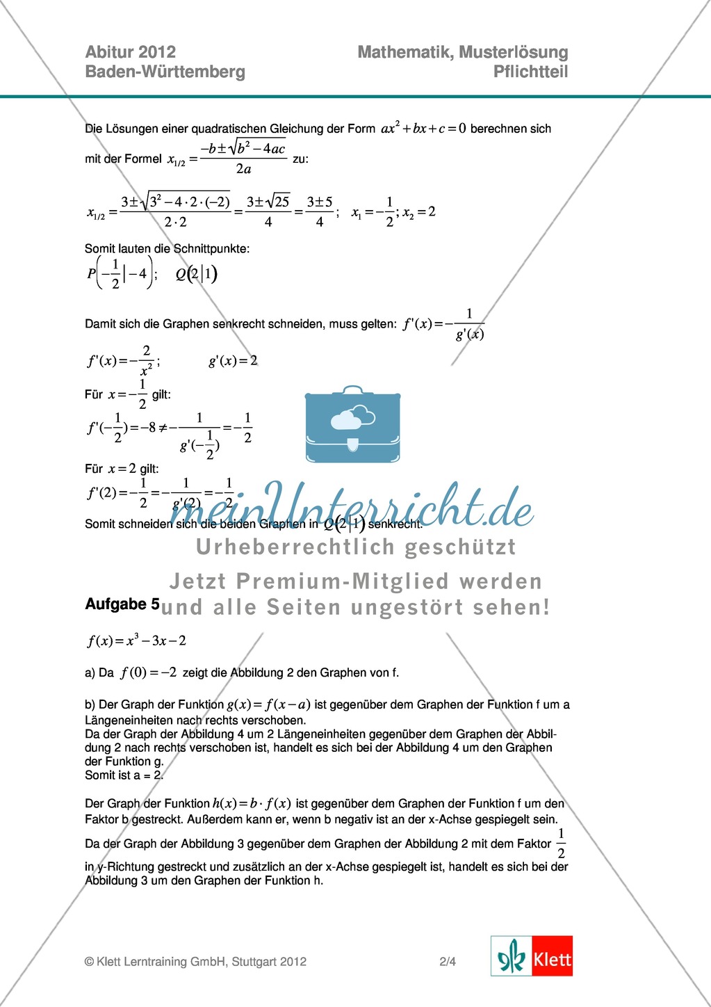 Abituraufgaben Baden-Württemberg 2012 - Mathematik Pflichtteil - 8 Aufgaben und deren Musterlösungen zu den Themen Analysis und Analytische Geometrie Preview 5