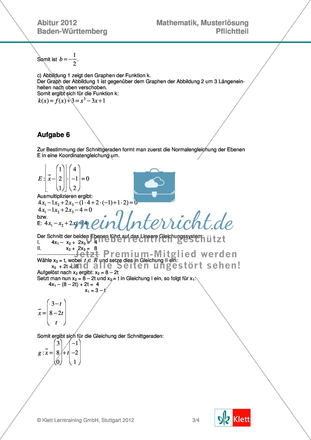 Abituraufgaben Baden-Württemberg 2012 - Mathematik Pflichtteil - 8 Aufgaben und deren Musterlösungen zu den Themen Analysis und Analytische Geometrie Preview 6