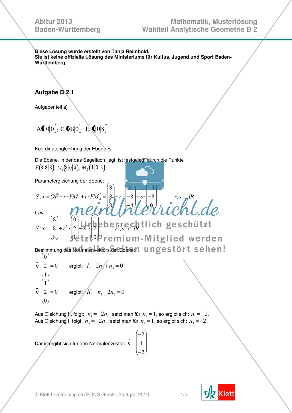 Abituraufgaben Baden-Württemberg 2013 - Mathematik Wahlteil II - 4 Aufgaben und deren Musterlösungen zu den Themen Geometrie und Stochastik Preview 3