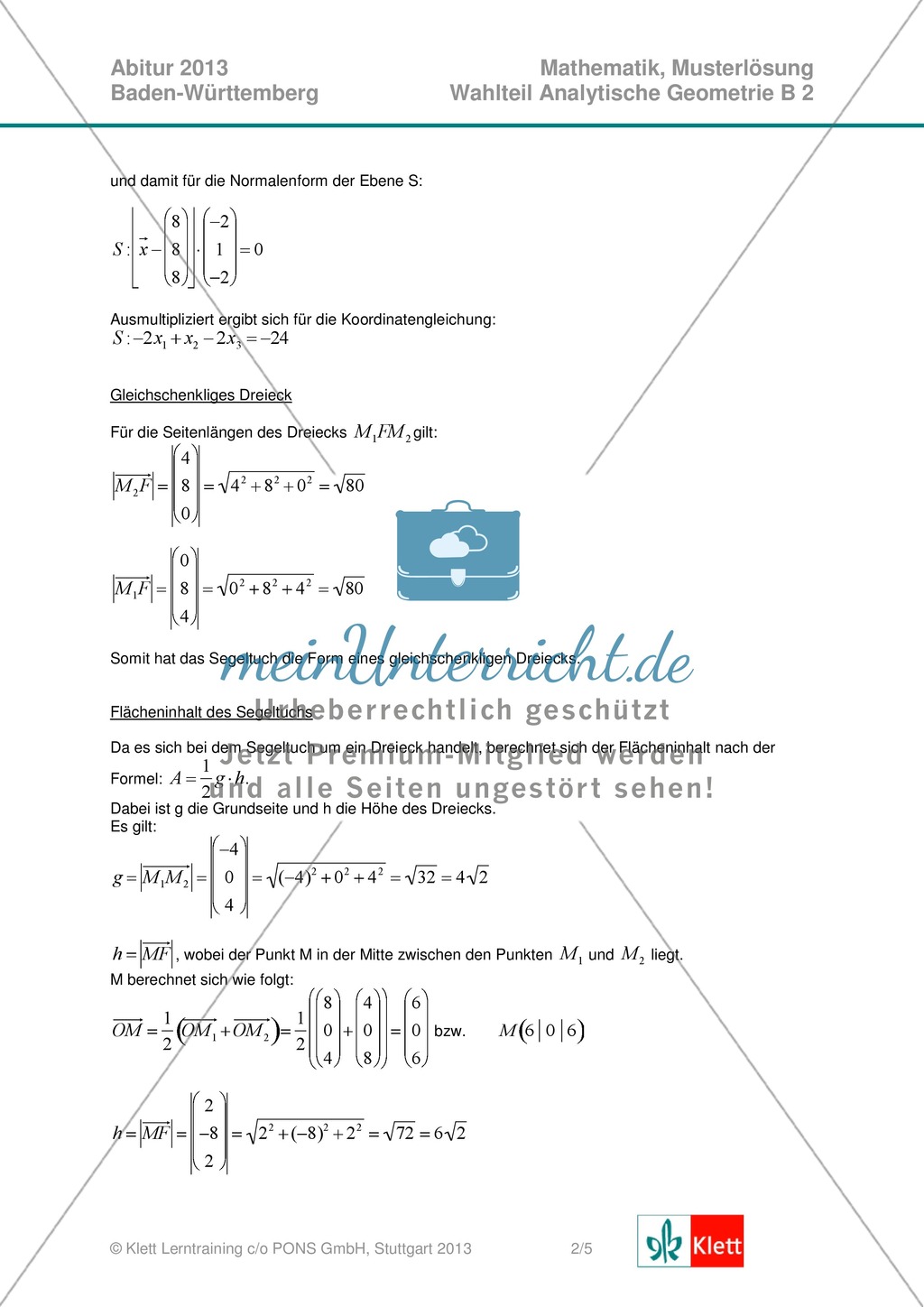 Abituraufgaben Baden-Württemberg 2013 - Mathematik Wahlteil II - 4 Aufgaben und deren Musterlösungen zu den Themen Geometrie und Stochastik Preview 4