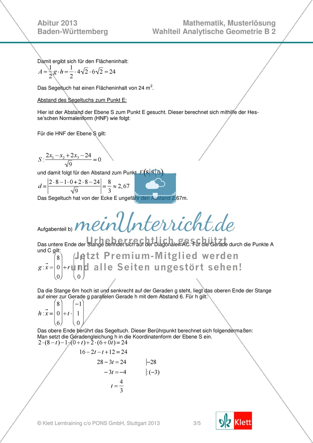 Abituraufgaben Baden-Württemberg 2013 - Mathematik Wahlteil II - 4 Aufgaben und deren Musterlösungen zu den Themen Geometrie und Stochastik Preview 5