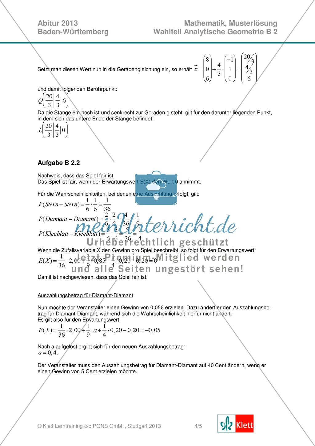 Abituraufgaben Baden-Württemberg 2013 - Mathematik Wahlteil II - 4 Aufgaben und deren Musterlösungen zu den Themen Geometrie und Stochastik Preview 6