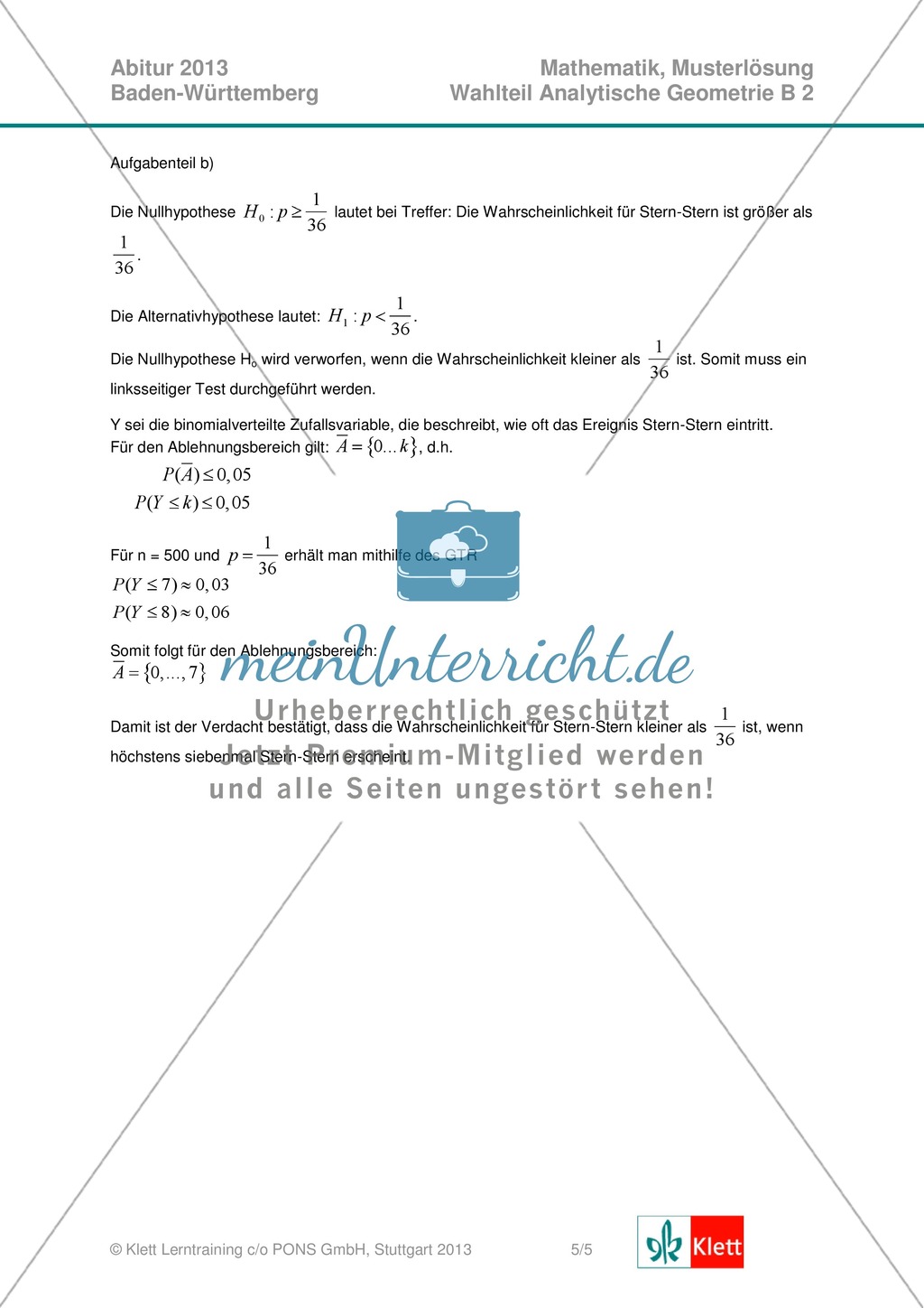 Abituraufgaben Baden-Württemberg 2013 - Mathematik Wahlteil II - 4 Aufgaben und deren Musterlösungen zu den Themen Geometrie und Stochastik Preview 7