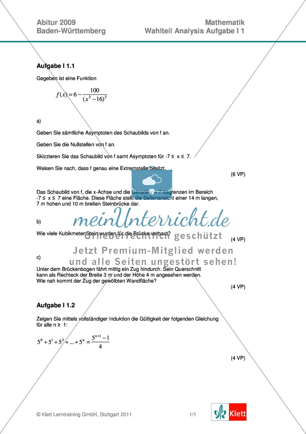 Abituraufgaben Baden-Württemberg 2009 - Mathematik Wahlteil I - 4 Aufgaben und deren Musterlösungen zum Thema Analysis. Preview 1