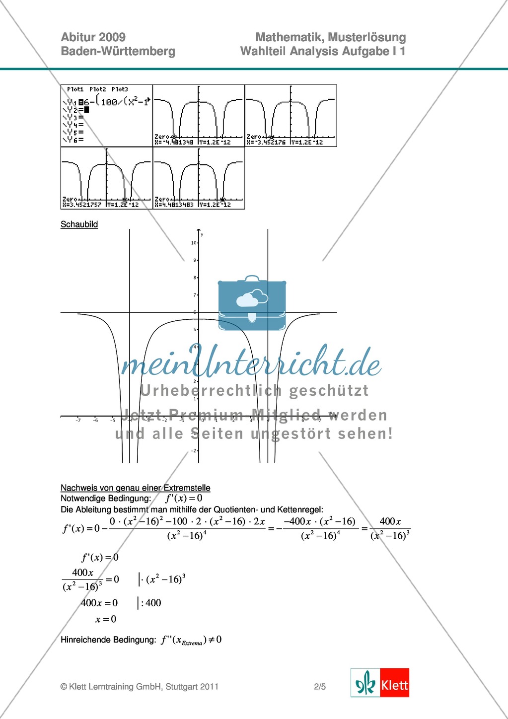 Abituraufgaben Baden-Württemberg 2009 - Mathematik Wahlteil I - 4 Aufgaben und deren Musterlösungen zum Thema Analysis. Preview 3