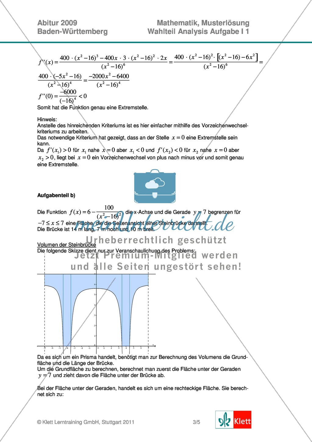 Abituraufgaben Baden-Württemberg 2009 - Mathematik Wahlteil I - 4 Aufgaben und deren Musterlösungen zum Thema Analysis. Preview 4