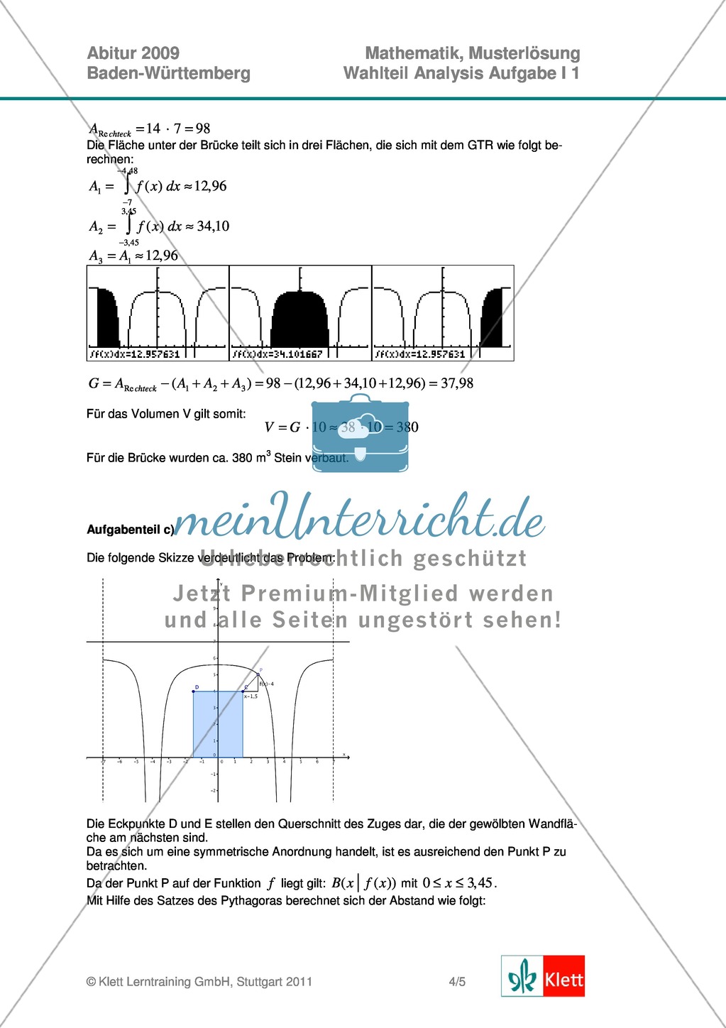 Abituraufgaben Baden-Württemberg 2009 - Mathematik Wahlteil I - 4 Aufgaben und deren Musterlösungen zum Thema Analysis. Preview 5