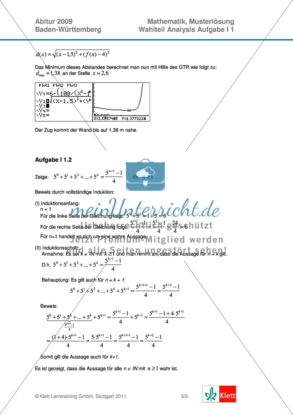 Abituraufgaben Baden-Württemberg 2009 - Mathematik Wahlteil I - 4 Aufgaben und deren Musterlösungen zum Thema Analysis. Preview 6