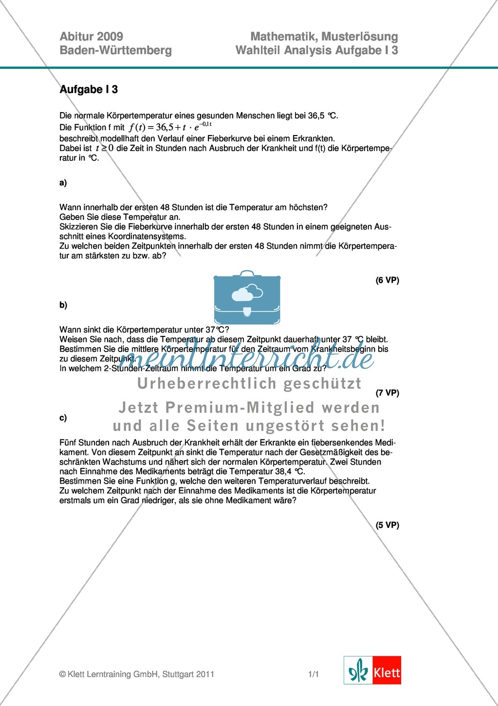 Abituraufgaben Baden-Württemberg 2009 - Mathematik Wahlteil III - 3 Aufgaben und deren Musterlösungen zum Thema Analysis. Preview 1